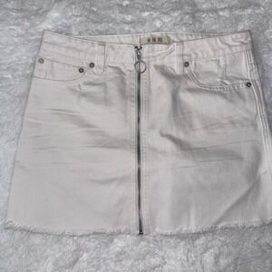 We The Free Cream Denim Mini Skirt Full Zip Front Frayed Hem Women's Size 29